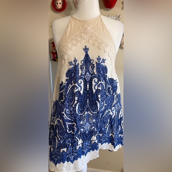 Free People Blue Paisley Lace Halter Mini Dress Boho Coastal Grandma Resort XS - Picture 3 of 10